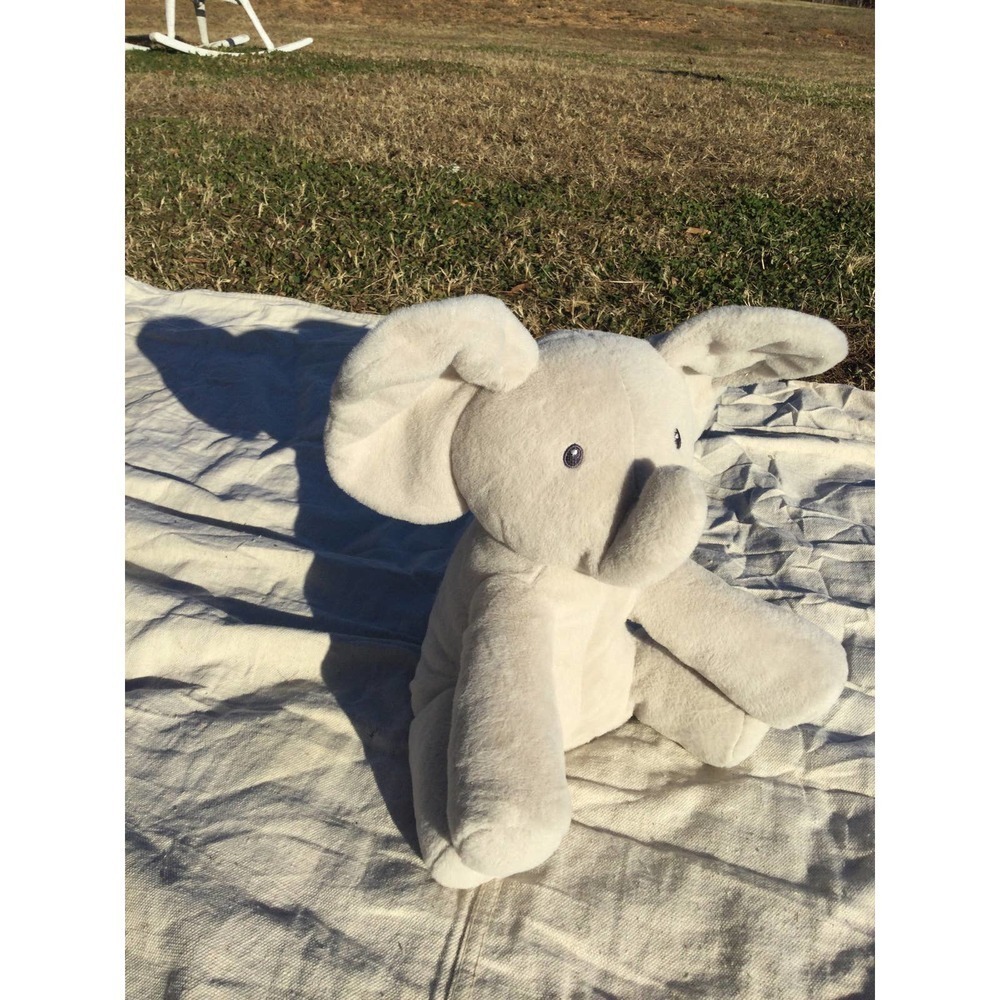 Gund baby flappy the elephant 13” stuffed animal gray musical play sing READ